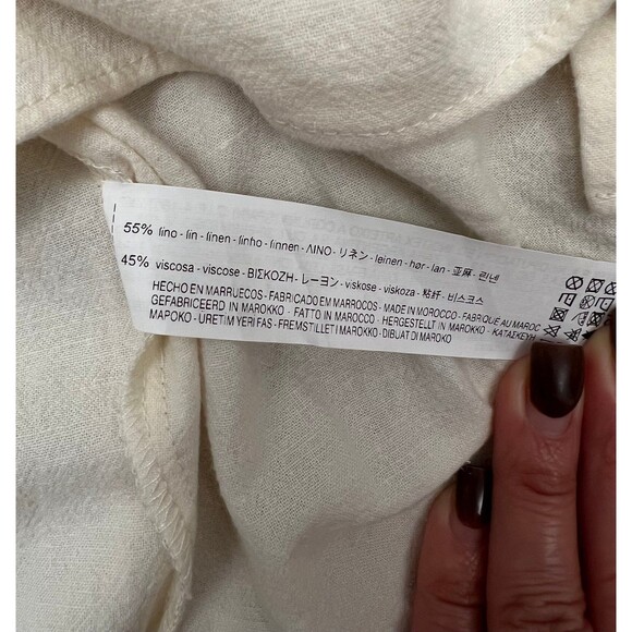 NWOT TRF ZARA Blouse Sz XSmall‎ Linen Blend Puff Sleeve Iridescent Shell Buttons - Picture 7 of 9